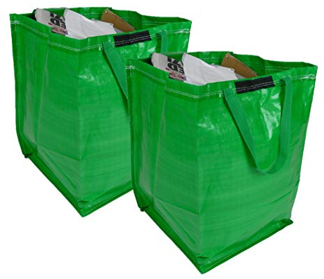 47 Litre Recycling Bag with Top Flap and Handles - Tip Strap - Laminated Wipe Clean Fabric - PREMIUM GRADE - Heavy Duty Woven PP Fabric (2 Bags, Green)