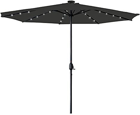 Aufun Sombrilla con sombrilla de jardín LED Ø350 cm con manivela hecha de poliéster protección solar protección UV 40+, sombrilla para balcón, terraza y jardín, redonda, 32 LED, gris oscuro