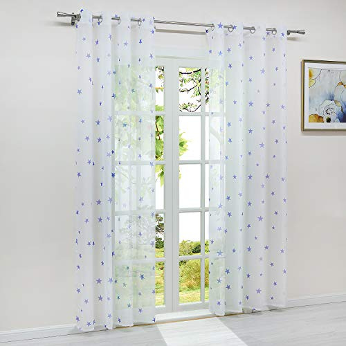HeichkelL Voile Gardine mit Ösen Vorhang Transparent Sterne Druck Ösen Dekoschal für Kinderzimmer Wohnzimmer BxH 140x225cm Weiß-Blau