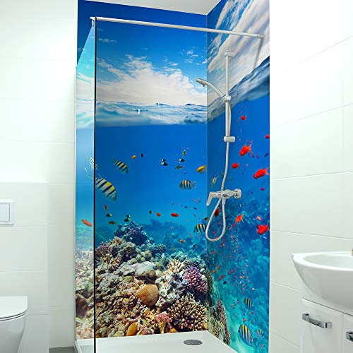 DRUCK-EXPERT Premium Duschrückwand 0,4 mm selbstklebendes Hart-PVC, Größe:2 x B 103 x H 240 cm Hochformat, Muster:Meereswelt
