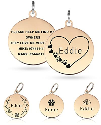 Paul Clover Personalised Bone Black Dog Cat ID Name Tags (Round Rose Gold, Large)