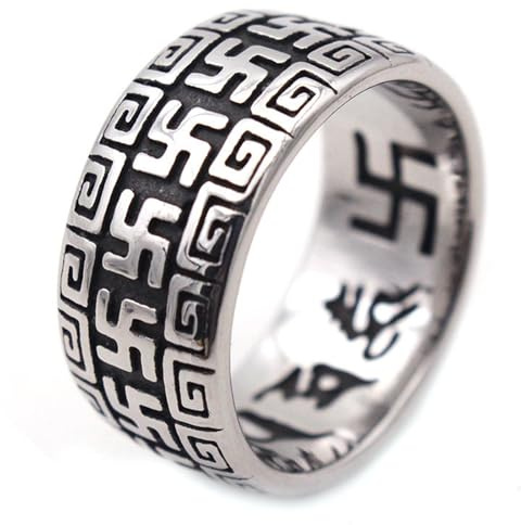 JAJAFOOK Men's Stainless Steel Ring Silver Lucky Charm Buddhist Swastika Spell Ring Religious Ring