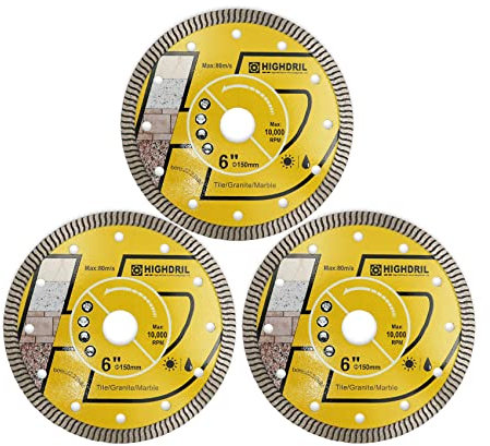 HIGHDRIL Diamond Saw Blade - 3Pcs 150MM Diamond Tile Blade with 22.23MM Arbor, Dry or Wet Cutting Disc for Porcelain Tile Ceramic Granite Marble Hard Material Masonry
