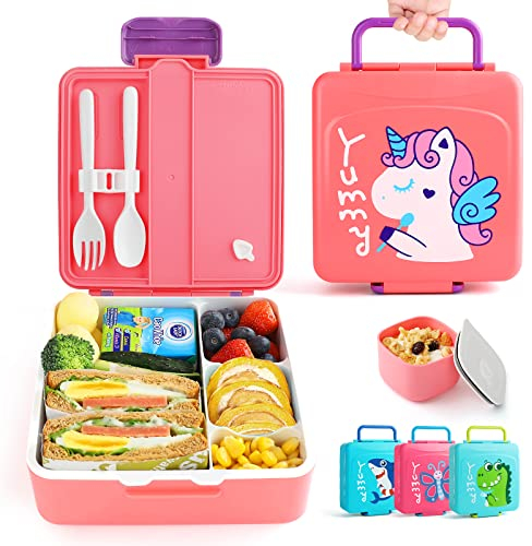 Lehoo Castle Lunch Box for Kids, 1300ml Toddler Bento Box Lunch Containers with 4 compartments, Kids Bento Lunch Box with Sauce Jar/Spoon & Fork