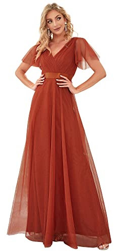 Ever-Pretty Robe de Demoiselle d'honneur Soirée Bal Col en V Manches Courtes A-Line Taille Empire Longue Tulle Femme Orange Brûlée 44