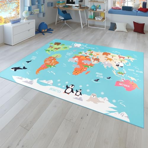 TT Home Kinder-Teppich, Spiel-Teppich Für Kinderzimmer, Weltkarte Mit Tieren, In Grün, Größe:100x200 cm