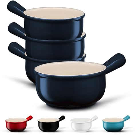 KooK Französische Zwiebel-Suppenschüsseln, Suppentöpfe mit Griffen, 425 ml, Keramikschalen, mikrowellen-, spülmaschinen- und ofenfest, Steingut, Marineblau, 4 Stück