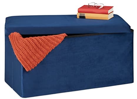 Relaxdays Sitzbank mit Stauraum, Samtbezug, 80 L, Flur, Wohnzimmer, gepolstert, faltbar, Truhenbank, 38x77x39 cm, blau