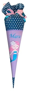 Glückspilz Schultüte mit Namen personalisiert, Meerjungfrau, Zuckertüte Nixe aus Stoff genäht, lila/blau