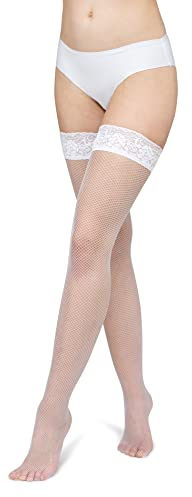 LORES Medias de red para mujer con patrón de malla de encaje, medias altas por encima de la rodilla burlesque, blanco, M-L