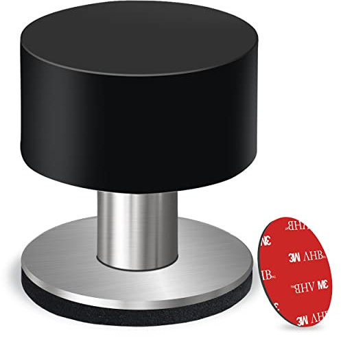 Pack of 1 Door Stop with Extra Sticker, Self-Adhesive Door Stopper with Black Rubber & Stainless Steel Body - Heavy Duty Sound Dampening Door Bumpers for Home & Office Use