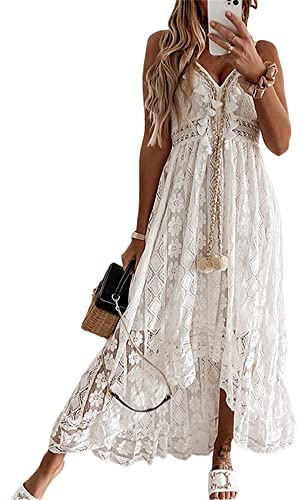 Yoisdtxc Women's Summer Casual Lace Hem Dress Deep V Neck Sleeveless Beachwear Spaghetti Straps Backless Ruffle Mini Dress