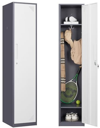 Sightlife Metallspind Storage Cabinet, Stahl Garderobe Locker mit abschließbaren Türen, Metallschrank Office Storage Cabinet mit 2 verstellbaren Regalen und Haken für Haus, Schule (1 Tür)