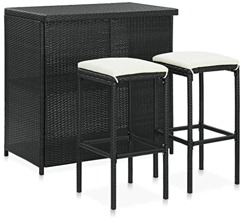 Makastle 3-TLG.Garten Bar Set Gartenbar Sitzgruppe PE-Rattan Bar Tresen Theke Tisch Stehtisch Barhocker Barset Garten Tisch Outdoor Gartenmöbel Set, Schwarz