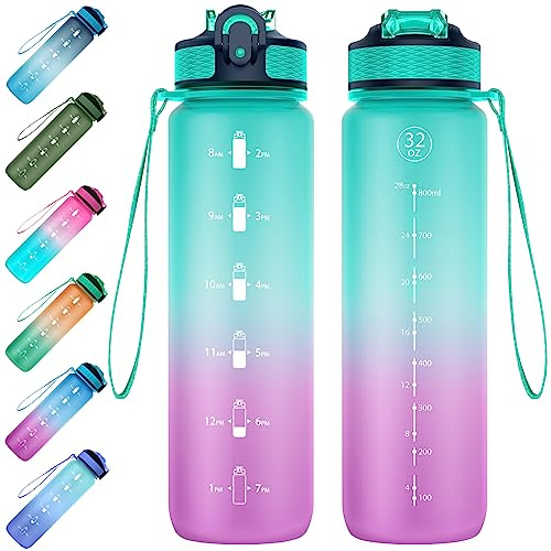 EYQ 1L Water Bottle, 1 Litre Water Bottle with Straw, 32oz Leak-Proof Motivational Sports Drinks Bottle with Time Marker, Tritan BPA-Free, Drinking Waterbottles for Gym Outdoor Sports