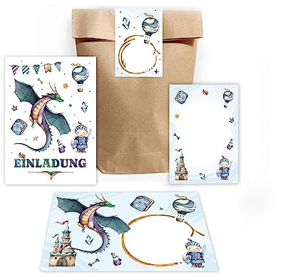 12 Einladungskarten zum Kindergeburtstag Junge Ritter incl. 12 Umschläge, 12 Partytüten/natur, 12 Aufkleber, 12 Mini-Notizblöcke Einladungsset