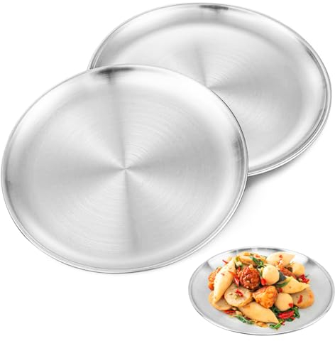 ZSMJAER 2 Piezas Bandeja Redonda,Bandeja Decorativa Redonda de Acero Inoxidable para Fruta,Pasteles,cosméticos,Plateada,30CM