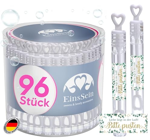 EinsSein 96x Seifenblasen Hochzeit Herzgläschen Liebe liegt in der Luft - Bitte pusten gold-grün Set weiss Aufkleber Set weiss Gastgeschenke für die Hochzeit, Taufe - Hochzeitsseifenblasen mit
