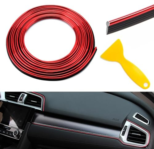 TOEECY Striscia Decorativa Auto 10m Modanatura Flessibile Cromo Rosso Profilo Adesivo Rivestimento Interno Cruscotto Bocchette Aria