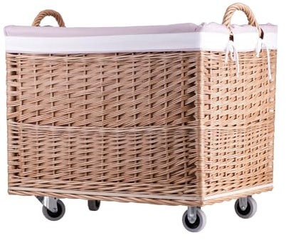 e-wicker24 Alles aus Weide Weidenkorb Aufbewahrungskorb rechteckiger Wäschekorb aus Weidengeflecht mit Rollen und Stoffeinsatz Kaminkorb Holzkorb (Natur_Rosa)