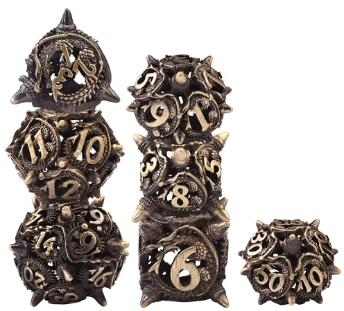 SIQUK 7 Stücke Würfel Polyedrisch DND, Würfel Metall Hohle Spiel Würfel Spielwürfel Dice Set D4/D6/D8/D10/D12/D20/D% für Dungeons and Dragons D&D MTG RPG, Antike Bronze