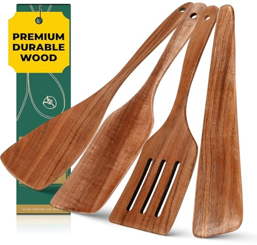 AIUHI Premium Teak Wood Spatula Set - Paddle, Turner, Slotted, Wood Scraper - Nonstick, Heat Resistant, Ergonomic Design - Brown, 12.5 inches