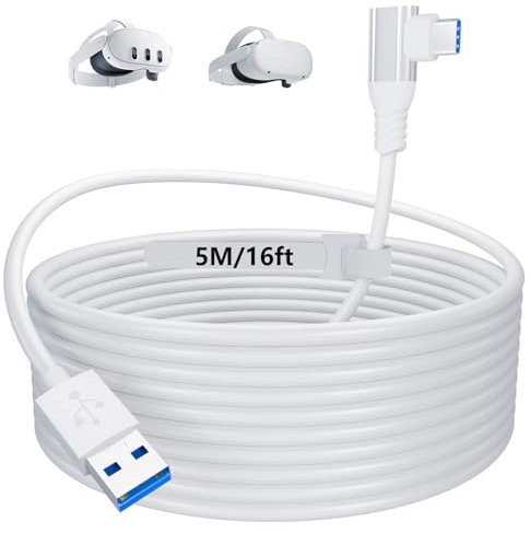 Cable de enlace 16FT/5M Compatible con Meta Quest 3 Accesorios/Quest 2 Pro Pico 4 / VR Headset / Gaming PC, 90 Grados USB a USB C Cable de carga con alta velocidad de transferencia de datos de PC