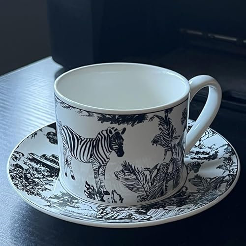 DECRZPB Handmade Ceramic Coffee Mug Cup and Saucer Set Zebra Pottery Coffee Tea Cup and Saucer Set Plate Oat Milk Mug Wedding Gift