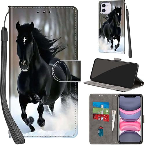 For iPhone 11 Leather Wallet Case,Flip Protective Book Cover with Card Holder,Stand Wrist Strap Magnetic Flip Cover Compatible with for iPhone 11 Case -Horse