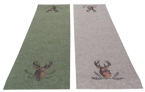 Tischläufer Set mit Hirschmotiv, 2 Stück, Filz, Beige und Dunkelgrün