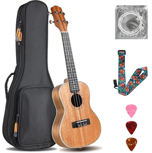 Ukulele Kinder Erwachsene, Gitarre Kinder 23 Zoll, Sopran Ukulele Handcraft, Mahagoni Holz Hawaii Gitarre mit Saiten Gurt Plektren Gigbag, Kleine Instrument Anfänger Kindergitarre ab 6 Jahre, Braun