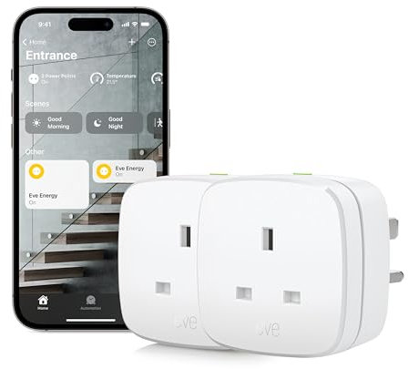 Eve Energy (Matter) UK 2 Pack - Smart Plug, Control & Automate Lights / Appliances, Secure & Private, Easy Setup, Matter & Thread, for Apple Home, Alexa, Google Home, SmartThings, Thread Border Router