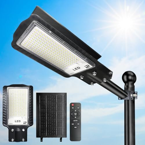 Farola Solar LED con Mando a Distancia, 30000LM, IP65 Impermeable, 6500K Foco Exterior con Temporizador para Patio, Calzadas, Calle