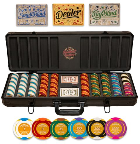 500-teiliges Poker-Set mit nummerierten Werten, 14 g, 40 mm Tonpokerchips, robuste Tragetasche und Spielkarten, mit Dealer, Small Blind und Big Blind Positionsmarkern