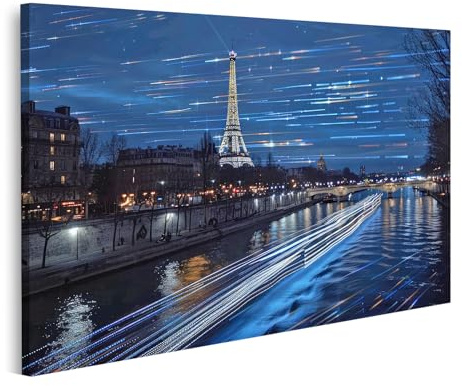 islandburner Bild auf Leinwand Paris bei Nacht mit Eiffelturm und Lichtstreifen Bilder Wandbilder Poster