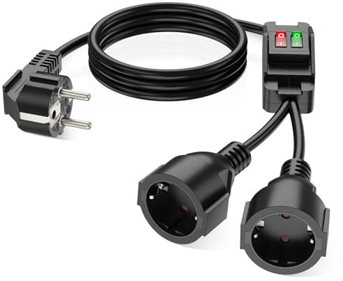 Cable alargador con contacto de puesta a tierra para uso exterior con interruptor, para bases de enchufe IP44, para uso doméstico, de oficina y exterior, red 2 x 1,5mm², máx. 250V/16A, negro, 2 metros