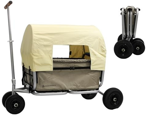 Beachtrekker Life Faltbarer Bollerwagen, klappbarer Handwagen + Feststellbremse + Sonnenverdeck (Luftreifen, Beige)
