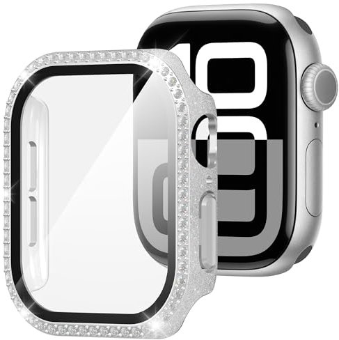Suoman Hülle für Apple Watch Series 9/8/7 45mm Schutzhülle Glitzerdiamanten PC Rundum Displayschutz Ultradünne Glas Schutz Case Schutzhülle,Silber,45mm