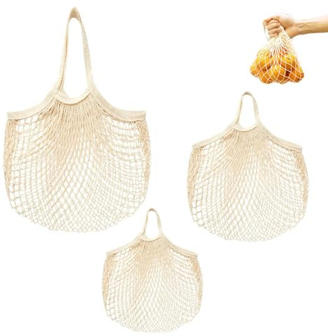 agogue 3 Stück DREI Größen (Groß, Mittel, Klein) Einkaufsnetz Netz Wiederverwendbar, Baumwollseil Waschbare, Einkaufsnetz Netztasche Einkaufstaschen und Zur Aufbewahrung Von Obst Und GemüSe Beige