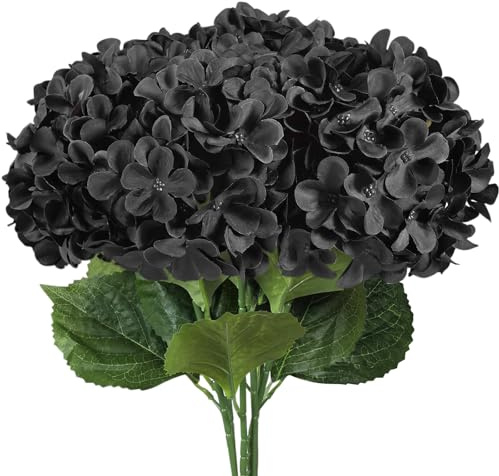 Subacy 6 PCS Artificial Hydrangea Flowers, Faux Silk Hydrangea with Long Stems, Home Wedding Decor, Table Centerpieces, Party Decorations(Black)