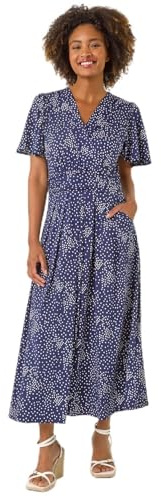 Roman Fit and Flare Dress for Women Ladies Chest Twist Knot Ruched Tea Skater Empire Waist Wedding Guest Smart Casual Swing Midi 3/4 Long Sleeve Knee Length - Spot Navy - Size 14