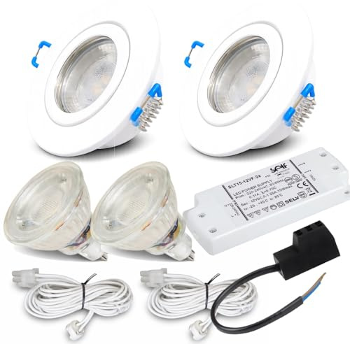 LED Einbaustrahler 2er Set – 12V, 3W, Neutralweiß (4000k) – IP44 Feuchtraum geeignet – Inkl. Treiber, MR16 Fassung und Zuleitung (120 cm) & Verteiler – Ideal für Bad, Küche, Dusche & Außenbereich.