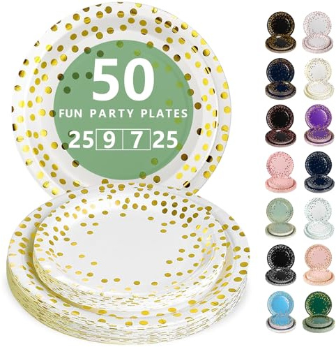 Nkaiso 50 Pcs White Gold Disposable Party Paper Plates Set | Party Supplies- 25x9inch & 25x33inch Plate Elegant Disposable Tableware for Birthday, Wedding, Shower
