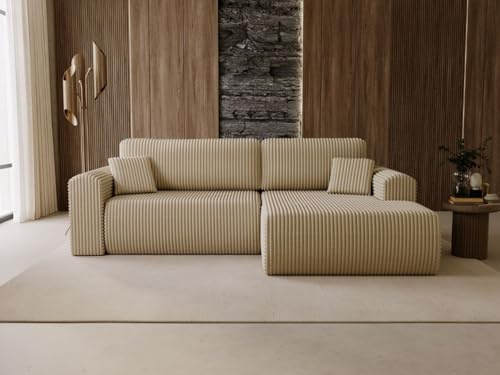 GRAINGOLD Belvio Ecksofa 257x177 cm, L-Form Sofa, Schlafcouch für Wohnzimmer, Velour, 3-Sitzer Eckcouch, Modernes Design (Beige, Rechts)
