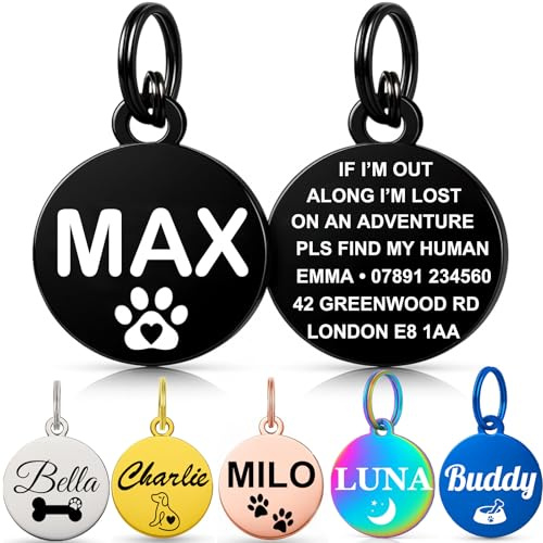 Personalised Dog Tags for Pets UK Prime, Deep Engraved Cat Dog Name ID Tags, Stainless Steel Pet Tag for Doggy Kitten Kitty Puppy, Scratch Resistant Tag (Black Round, L)