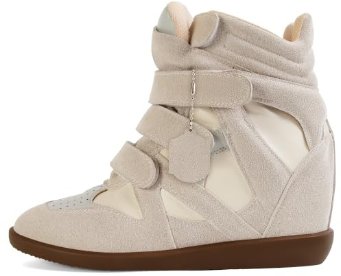 WJZDSJCO Wedge Sneakers for Women Heels Suede Hook and Loop Beige High Heel Platform Tennis Round Toe Triple Strappy Band Casual Vintage Fashion Dressy Comfy Campus Trendy Retro