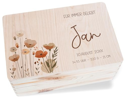 Holzkiste Erinnerungsbox - Trauer - Blumen Sternenkind mit Größe und Gewicht - Andenken - 30x20x14 cm - Holz - trauerbox für trauerkarten box trauergeschenk verstorbene schachtel
