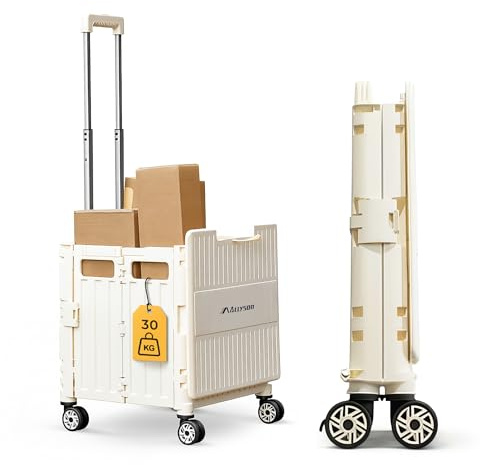 Allyson® Einkaufstrolley klappbar, Klappbox faltbar Stabiler Transportwagen mit Teleskopgriff & 30kg Traglast, Gartentrolley Ideal für Garten & Einkauf, Trolley Klappkiste Kleiner Einkaufskorb - Beige