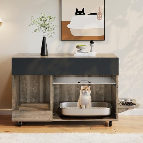 Generisch Katzenkloschrank Mit Sandauffangschale & Futtertellern – Versteckter Katzentoilette Schrank (100x45,5x67 cm), Stabiler Katzenmöbel Mit Mehrzweck-Aufbewahrung & Eichenholz-Optik
