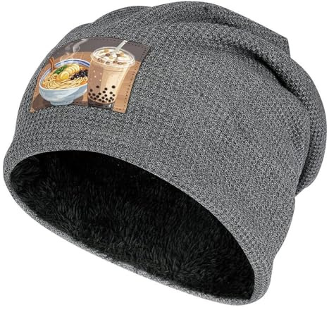 peiyeety Lässige Beanie Ramen Milk Tea Plüsch Wintermütze Warm gefüttert Strick Winddichte Mütze für Männer und Frauen